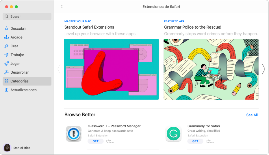La página principal de Mac App Store. La barra lateral de la izquierda incluyen enlaces a diferentes áreas de la tienda, tales como Arcade y Crear, y se elige Categorías. A la derecha se encuentra la categoría de extensiones de Safari.