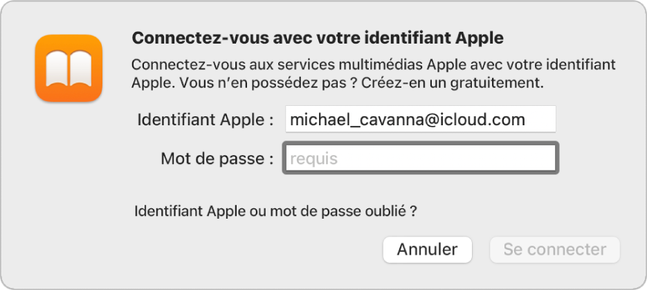 La zone de dialogue permettant de se connecter à Apple Books à l’aide d’un identifiant Apple et d’un mot de passe.