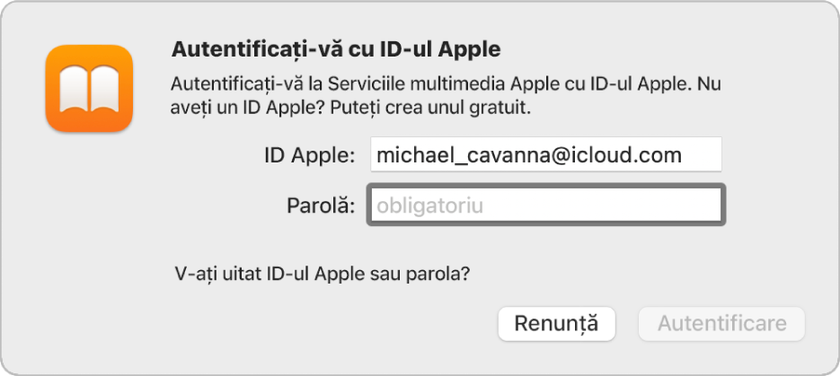 Fereastra de dialog pentru autentificarea în Apple Books folosind un ID Apple și o parolă.