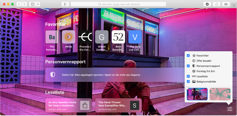 Safari-startsiden som viser favorittnettsteder, en Personvernrapport og startsidevalg.