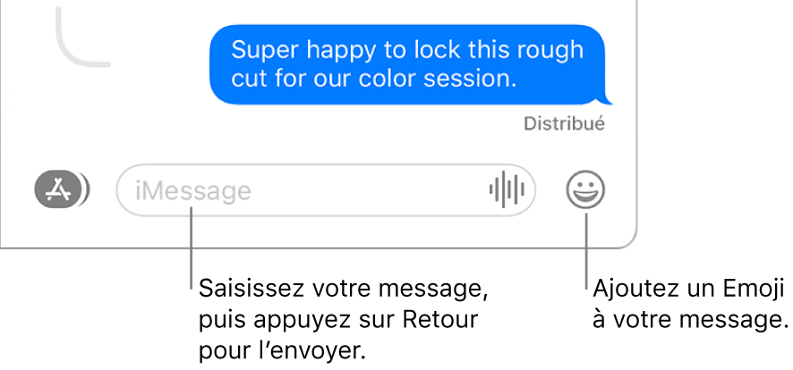 Une transcription dans la fenêtre Messages avec le champ du message affiché au bas de la fenêtre.