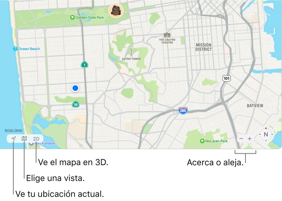 Visualización de la ventana Encontrar mostrando la ubicación de las personas en un mapa. En la esquina inferior izquierda, usa los botones para ver tu ubicación actual, elige una vista y explora el mapa en 3D. En la esquina inferior derecha, usa los botones de zoom para acercar o alejar el mapa.