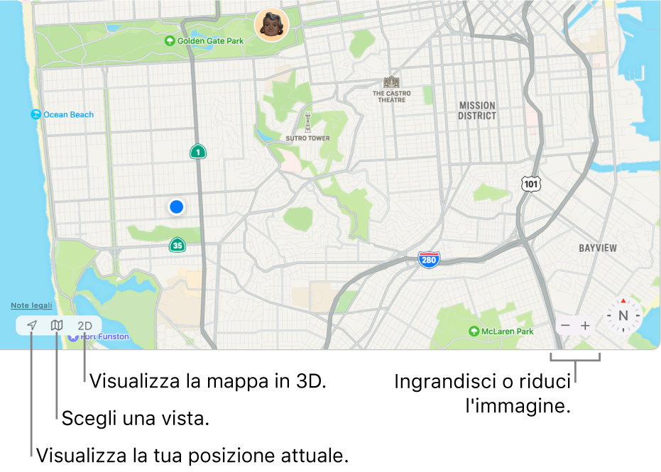 Finestra di Dov'è che illustra le posizioni di alcune persone su una mappa. Nell'angolo inferiore sinistro, utilizza i pulsanti per visualizzare la posizione attuale, scegli una vista, e visualizza la mappa in 3D. Nell'angolo inferiore destro, usa i pulsanti dello zoom per ingrandire o rimpicciolire la mappa.