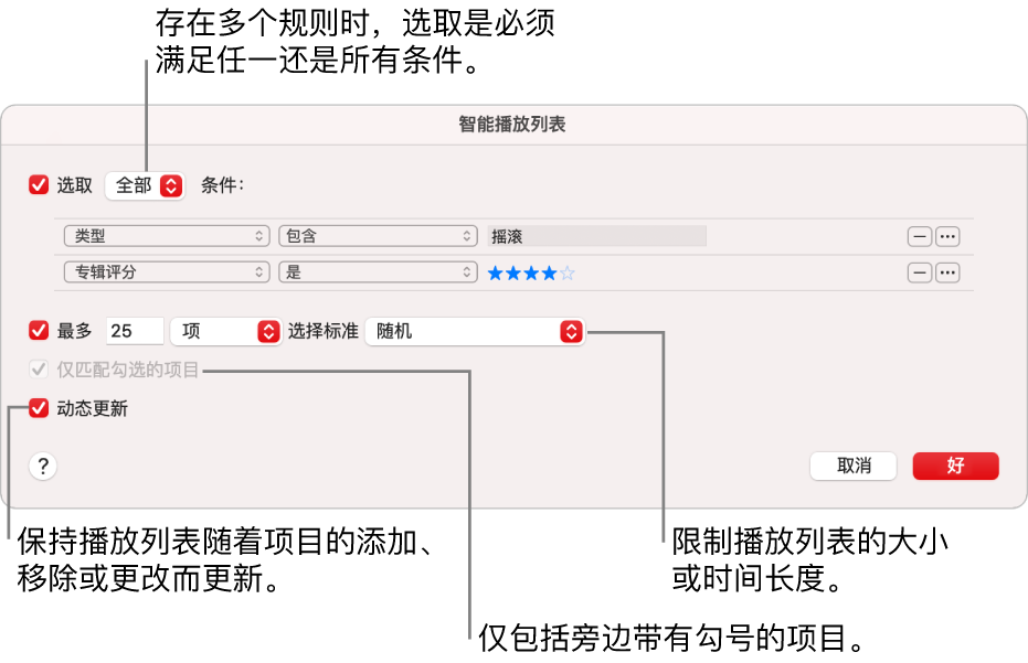 智能播放列表对话框：在左上角选择“匹配”，然后指定播放列表的匹配标准（如类型或评分）。通过点按右上角的“添加”或“移除”按钮来继续添加或移除规则。在对话框的下半部分中选择各种选项，如限制播放列表的大小或时长、包括仅勾选的歌曲或者让“音乐”随资料库中项目的变化而更新播放列表。