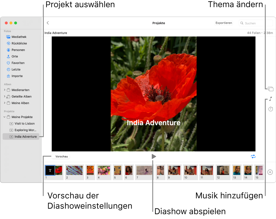 Das Fenster der App „Fotos“ mit einer Diashow im Hauptteil und den Tasten „Vorschau“, „Wiedergabe“ und „Endlosschleife“ unter dem Hauptteil, mit Miniaturen aller Bilder in der Diashow ganz unten und mit den Tasten „Thema“, „Musik“ und „Dauer“ rechts.