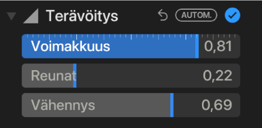 Säädöt-osion Terävöitys-säätimet, joissa on voimakkuus-, reunat- ja vähennys-liukusäätimet näkyvissä.