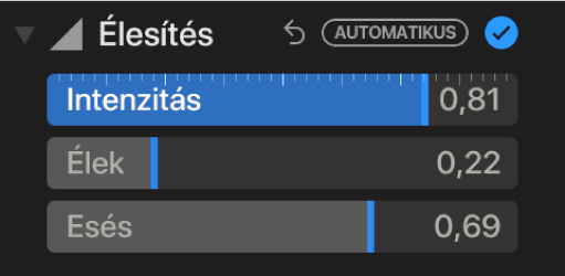 A Beállítás panel Élesítés vezérlői az Intenzitás, Szélek és Esés csúszkákkal.