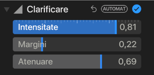 Comenzile Clarificare din panoul Ajustare afișând glisoarele Intensitate, Margini și Atenuare.