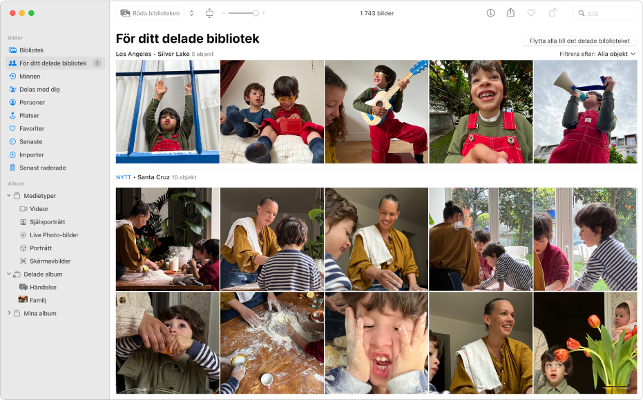 Fönstret Bilder med För ditt delade bibliotek valt i sidofältet och föreslagna bilder att lägga till i Delat bibliotek till höger.