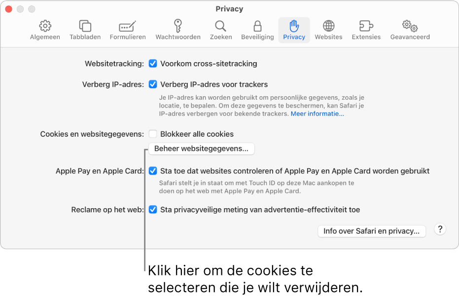 Het instellingenpaneel 'Privacy' van Safari.