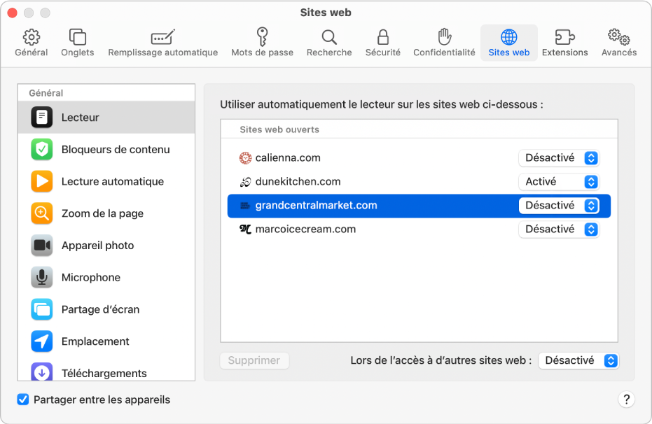 Fenêtre affichant les préférences Safari pour les sites web, avec l’option « Partager entre les appareils » sélectionnée sous la barre latérale.