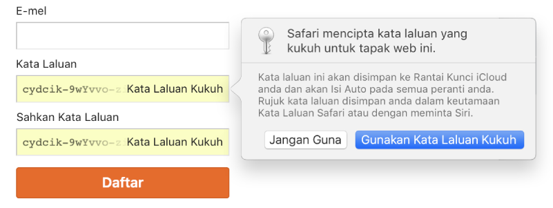 Halaman daftar akaun, menunjukkan kata laluan yang dicipta secara automatik serta pilihan untuk menolak atau menggunakannya.