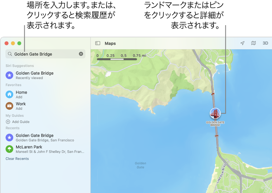 検索フィールドに場所を入力するか、クリックして検索履歴を表示します。詳細を表示するには、ランドマークまたはピンをクリックします。