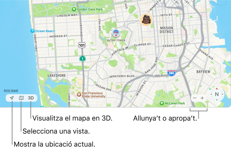 La finestra de l’app Buscar amb les ubicacions de diferents persones al mapa. A l’angle inferior esquerre, utilitza els botons per veure la teva ubicació actual, seleccionar una vista i veure el mapa en 3D. A l’angle inferior dret, utilitza els botons de zoom per apropar o allunyar el mapa.