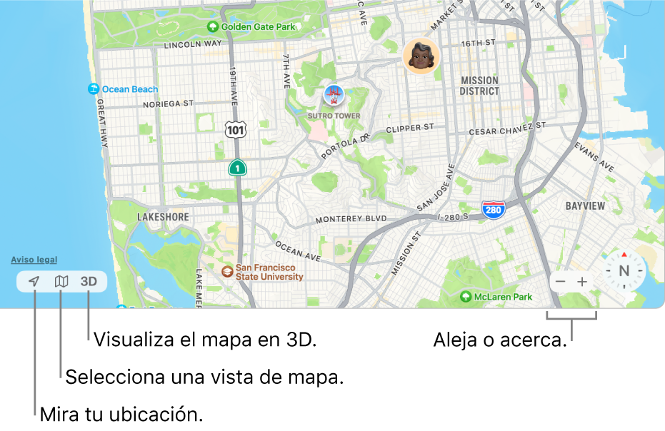 Una vista de la ventana Buscar con ubicaciones de personas en un mapa. En la esquina inferior izquierda, usa los botones para ver tu ubicación actual, seleccionar una vista y ver el mapa en 3D. En la esquina superior derecha, usa los botones de zoom para ampliar y reducir el mapa.