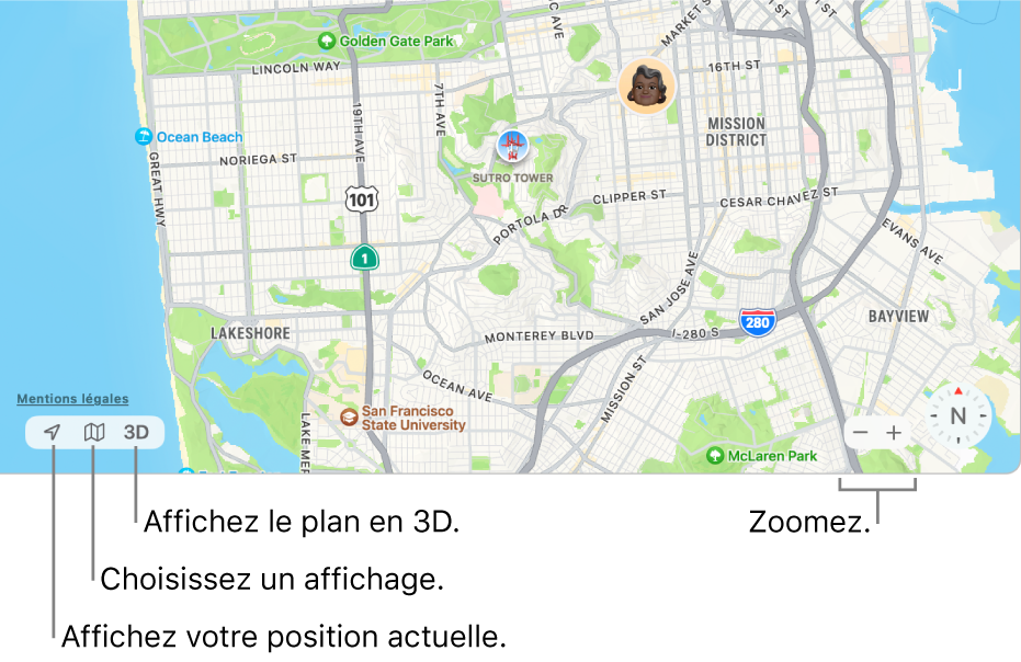 Présentation de la fenêtre Localiser qui affiche la position de personnes sur un plan. Dans le coin inférieur gauche, utilisez les boutons pour afficher votre position actuelle, choisissez un affichage et visualiser le plan en 3D. Dans le coin inférieur droit, utilisez les boutons zoom pour effectuer un zoom avant ou arrière sur le plan.