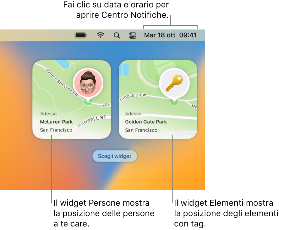 Due widget di Dov'è: un widget Persone che mostra la posizione di una persona e il widget Oggetti che mostra la posizione di una chiave. Fai clic su data e ora nella barra dei menu per aprire Centro Notifiche.