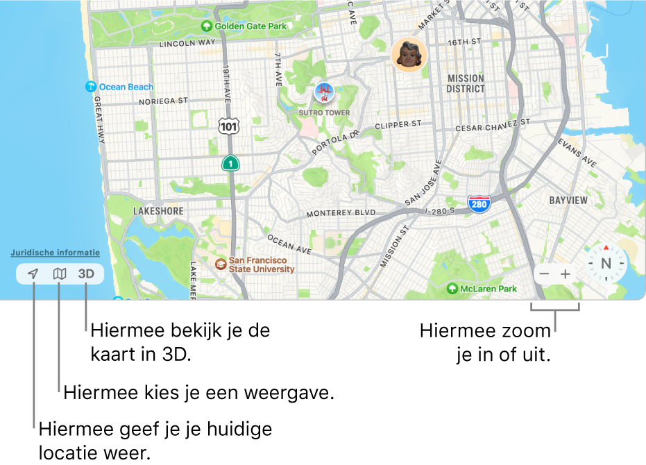 Het venster van Zoek mijn met de locaties van personen op een kaart. In de linkerbenedenhoek kun je met behulp van de knoppen je huidige locatie zien, een weergave kiezen en de kaart in 3D bekijken. In de rechterbenedenhoek kun je met de zoomknoppen in- en uitzoomen op de kaart.