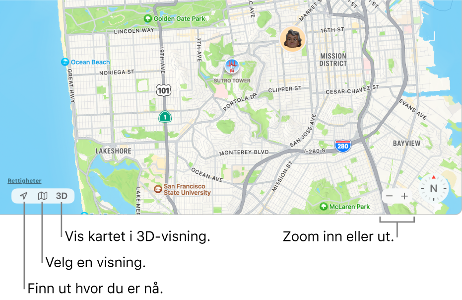 En visning av Hvor er?-vinduet som viser personers posisjoner på et kart. Nederst til venstre kan du bruke knappene for å se din nåværende posisjon, velge en visning og se kartet i 3D. Nederst til høyre kan du bruke zoom-knappene til å zoome inn eller ut på kartet.