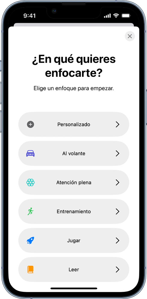 Pantalla de configuración de un enfoque para las opciones de uno de los enfoques adicionales proporcionados, incluyendo Al volante, Entrenamiento, Juegos, Atención plena y Lectura.