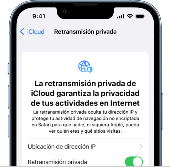 La pantalla de Configuración para activar o desactivar Retransmisión privada.