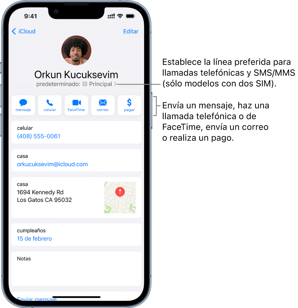 La pantalla de información de un contacto. En la parte superior se encuentra el nombre y la foto del contacto. Debajo se encuentran los botones para enviar un mensaje, realizar una llamada de teléfono, realizar una llamada de FaceTime, enviar un mensaje de correo y enviar dinero con Apple Pay. Debajo de los botones se encuentra la información de contacto.