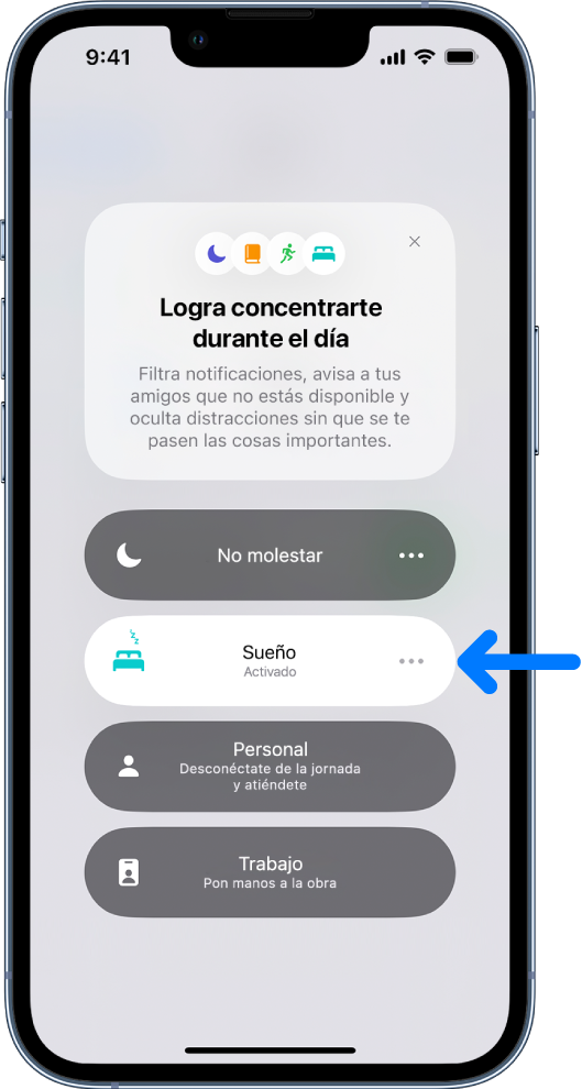 La pantalla Logra concentrarte durante el día, donde el enfoque Sueño está activado.