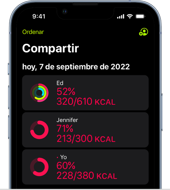 La pantalla de compartir de Fitness con los círculos de Moverse y resúmenes de la actividad compartidos entre una persona y sus amigos.