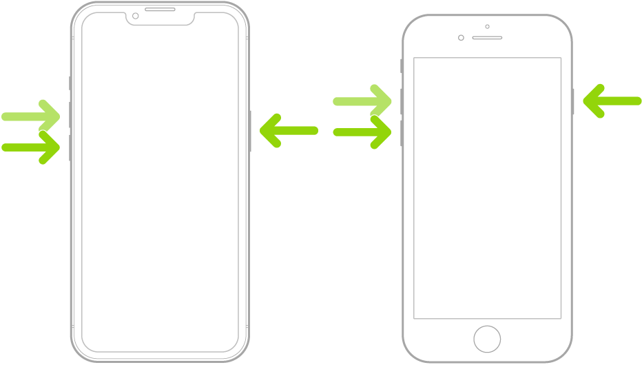 Ilustración de dos modelos de iPhone mostrando la pantalla, uno tiene el botón de inicio y el otro no. Los botones de volumen de cada modelo están en el lado izquierdo, y el botón lateral en el lado derecho.