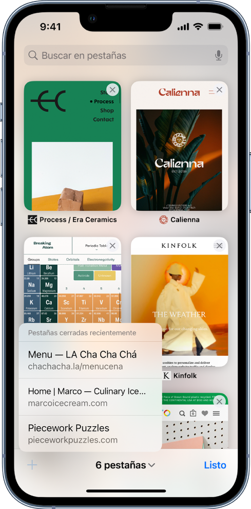 En la pantalla se muestran vistas previas de las pestañas abiertas. En la parte inferior izquierda de la pantalla, se presiona el botón Nueva pestaña, lo cual revela una lista de las pestañas cerradas recientemente.