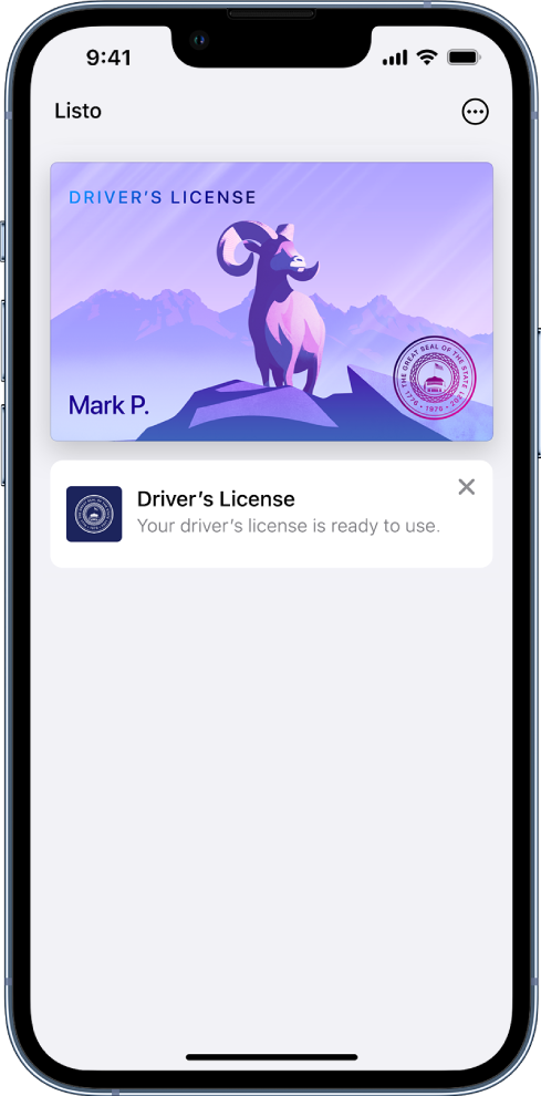 Una licencia para manejar en Wallet. El botón Listo se encuentra en la esquina superior izquierda y el botón Más está en la esquina superior derecha.