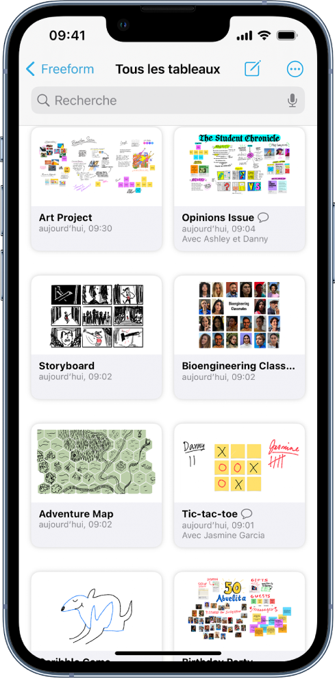 L’écran Tous les tableaux est ouvert dans Freeform, et contient huit vignettes de tableaux.