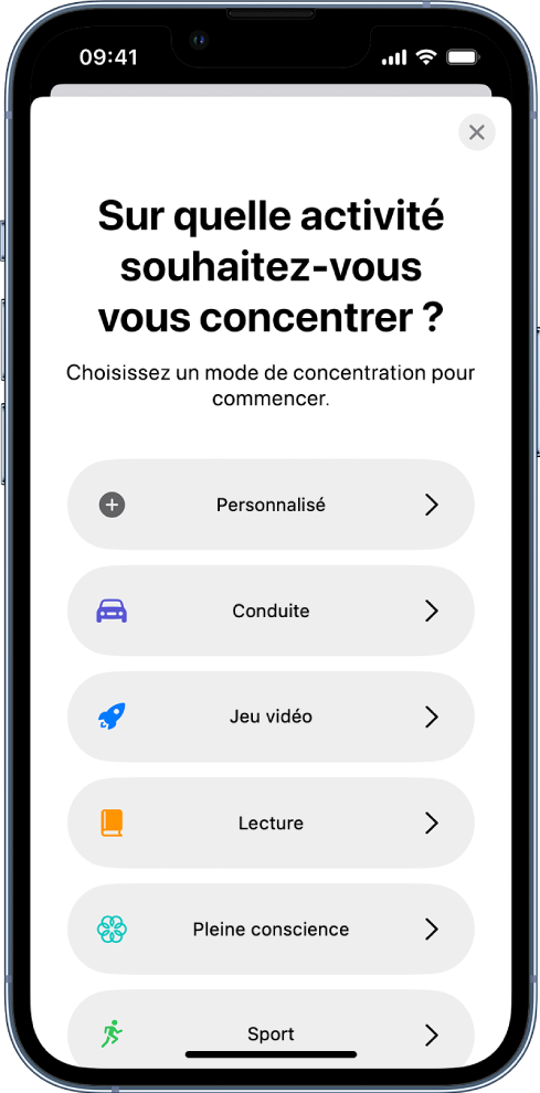 Un écran de configuration du mode de concentration pour l’un des modes de concentration supplémentaires fournis, notamment Personnalisé, Conduite, Sport, « Jeu vidéo », « Pleine conscience » et Lecture.