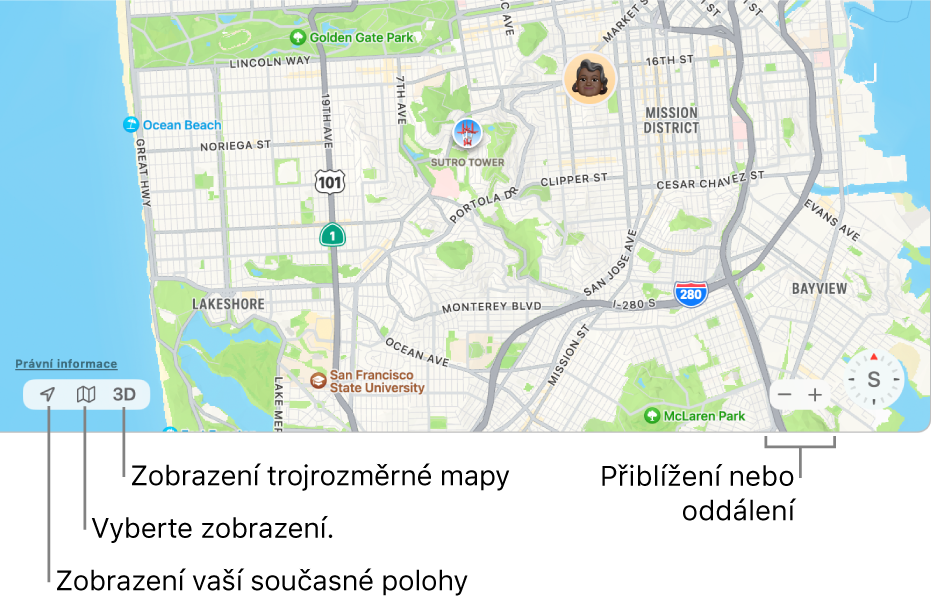 Zobrazení okna Najít s polohami uživatelů na mapě. Pomocí tlačítek v levém dolním rohu můžete zobrazit svou aktuální polohu, vybrat způsob zobrazení a zobrazit mapu v trojrozměrném zobrazení. Pomocí tlačítek v pravém dolním rohu můžete mapu přiblížit nebo oddálit.