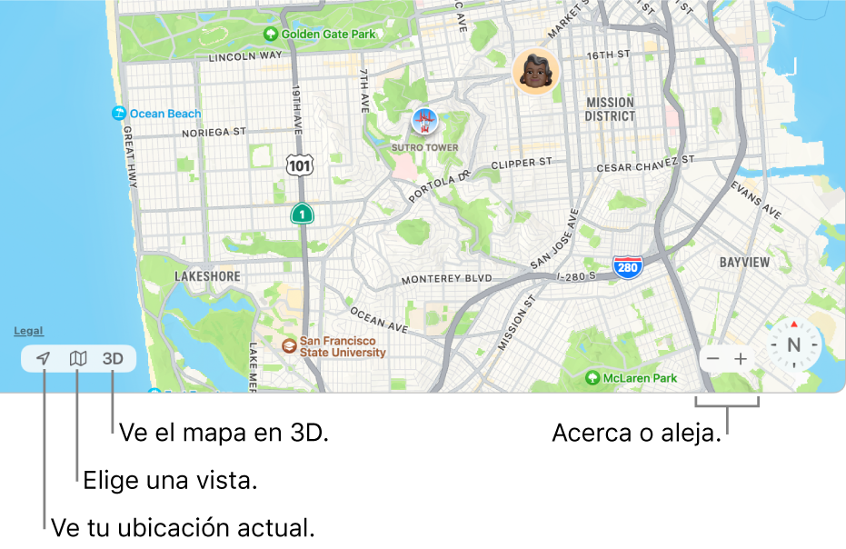 Una vista de la ventana Encontrar mostrando la ubicación de las personas en un mapa. En la esquina inferior izquierda, usa los botones para ver tu ubicación actual, elige una vista y explora el mapa en 3D. En la esquina inferior derecha, usa los botones de zoom para acercar o alejar el mapa.