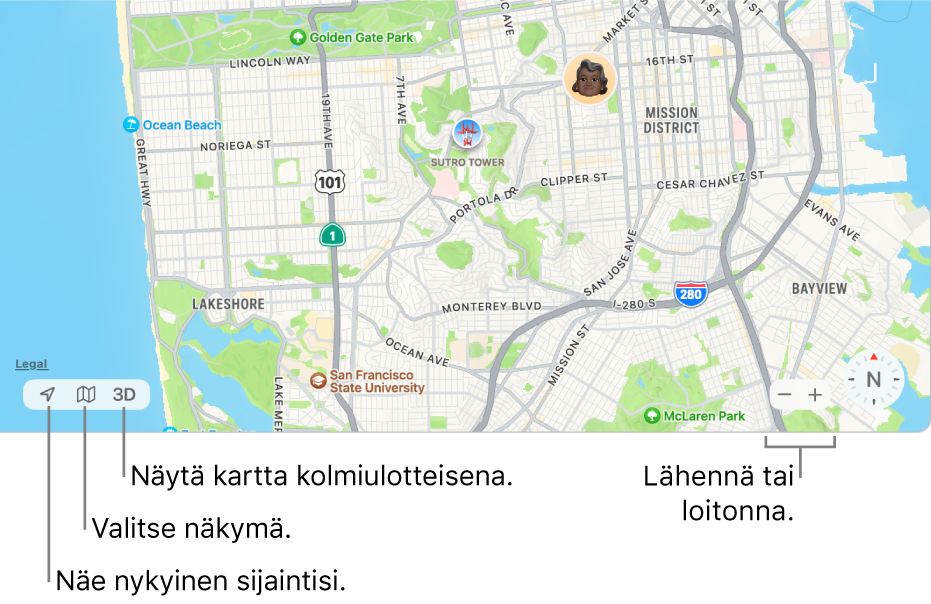 Etsi-ikkunan näkymä, jossa näkyvät käyttäjien sijainnit kartalla. Katso sijaintiasi, valitse näkymä ja katso karttaa kolmiulotteisena käyttämällä alavasemmalla olevia painikkeita. Lähennä tai loitonna karttaa käyttämällä alaoikealla olevia zoomauspainikkeita.