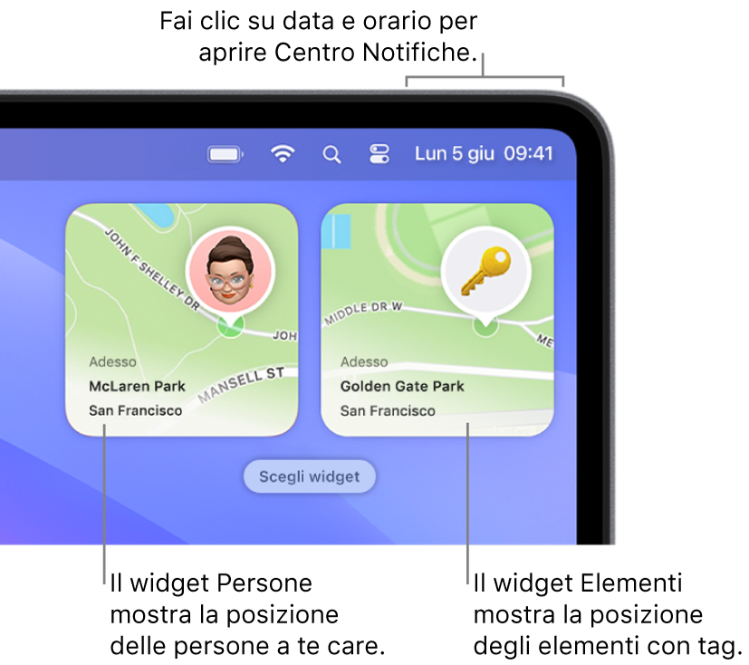 Due widget di Dov’è: un widget Persone che mostra la posizione di una persona e il widget Oggetti che mostra la posizione di una chiave. Fai clic su data e ora nella barra dei menu per aprire Centro Notifiche.