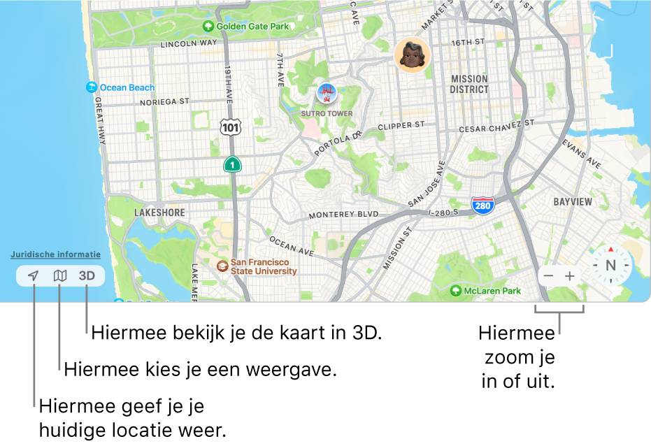 Het venster van Zoek mijn met de locaties van personen op een kaart. In de linkerbenedenhoek kun je met behulp van de knoppen je huidige locatie zien, een weergave kiezen en de kaart in 3D bekijken. In de rechterbenedenhoek kun je met de zoomknoppen in- en uitzoomen op de kaart.