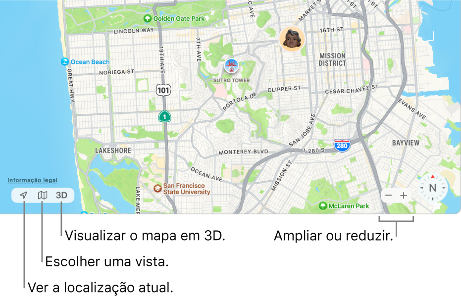 Uma vista da janela Encontrar a mostrar as localizações de pessoas num mapa. No canto inferior esquerdo, use os botões para ver a sua localização atual, selecionar uma vista e visualizar o mapa em 3D. No canto inferior direito, use os botões de ampliação para ampliar ou reduzir o mapa.