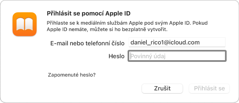 Dialogové okno pro přihlášení k Apple Books pomocí Apple ID a hesla