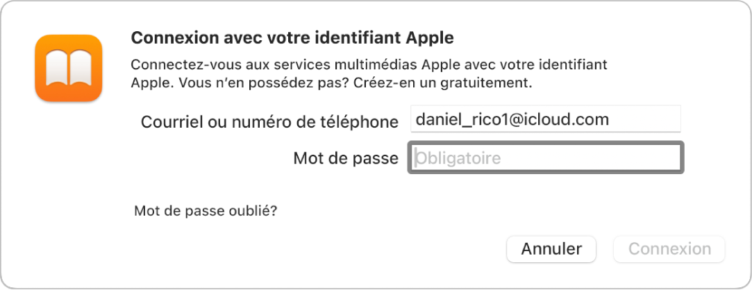 La zone de dialogue permettant de se connecter à Apple Books à l’aide d’un identifiant Apple et d’un mot de passe.