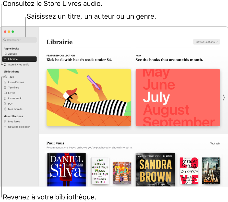 La fenêtre principale de la librairie. La barre latérale se trouve à gauche. Le champ de recherche, qui vous permet de rechercher des livres et livres audio, se trouve dans la partie supérieure de la barre latérale.