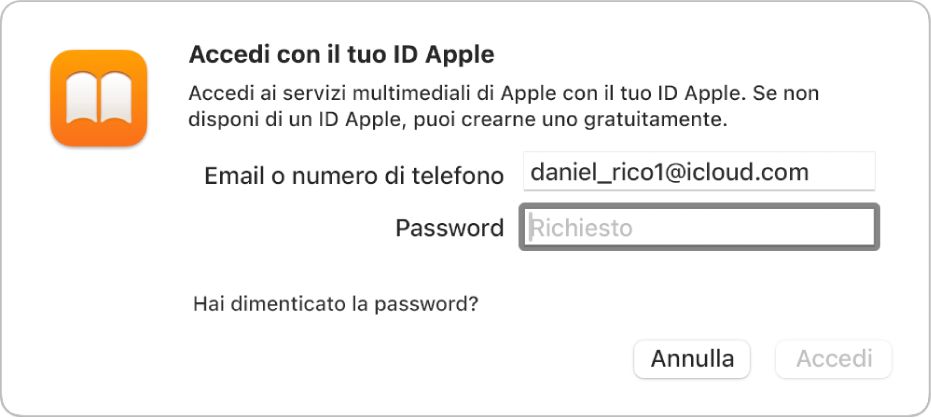 La finestra di dialogo per accedere ad Apple Books utilizzando un ID Apple e una password.