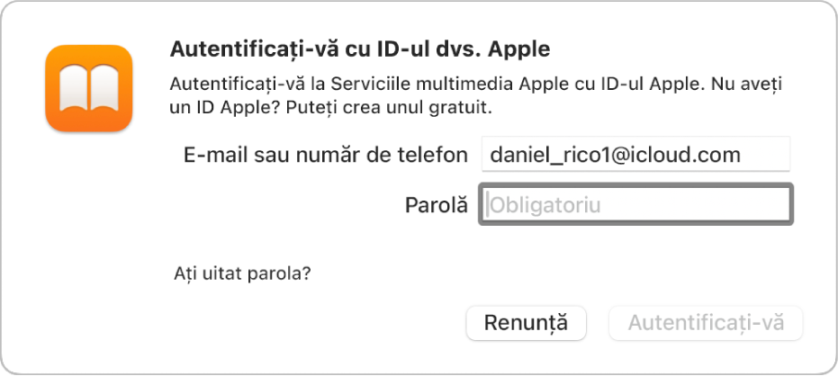 Fereastra de dialog pentru autentificarea în Apple Books folosind un ID Apple și o parolă.