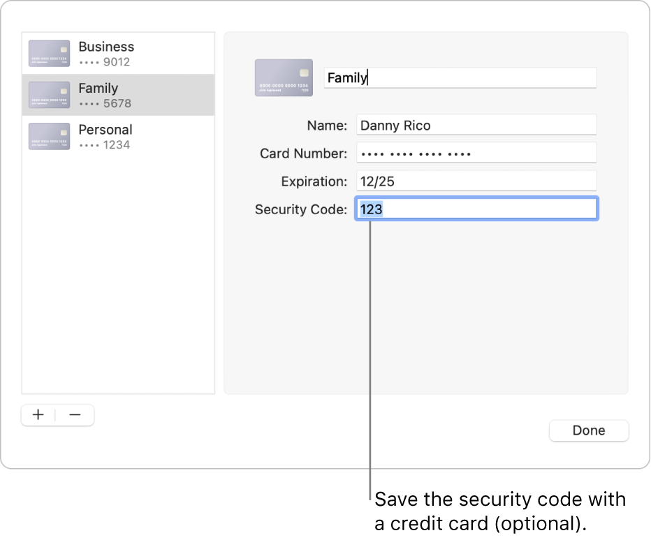 A credit card form with fields for entering the name, card number, expiration date, and security code.