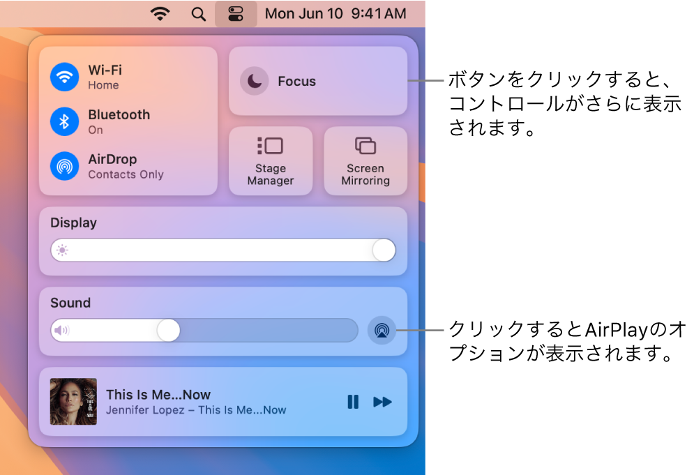 Macのコントロールセンターの拡大表示。