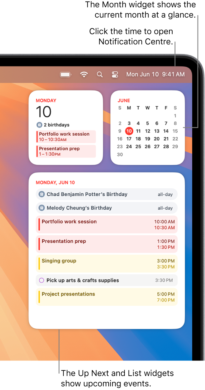 Three Calendar widgets — an Up Next widget and a List widget showing upcoming events for the current day, and a Month widget showing the current month. Click the date and time in the menu bar to open Notification Centre and customise widgets.