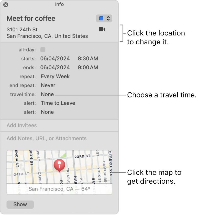 Info window for an event, with the pointer over the Travel Time pop-up menu. Click the location to change it. Choose a travel time from the pop-up menu. Click the map to get directions.