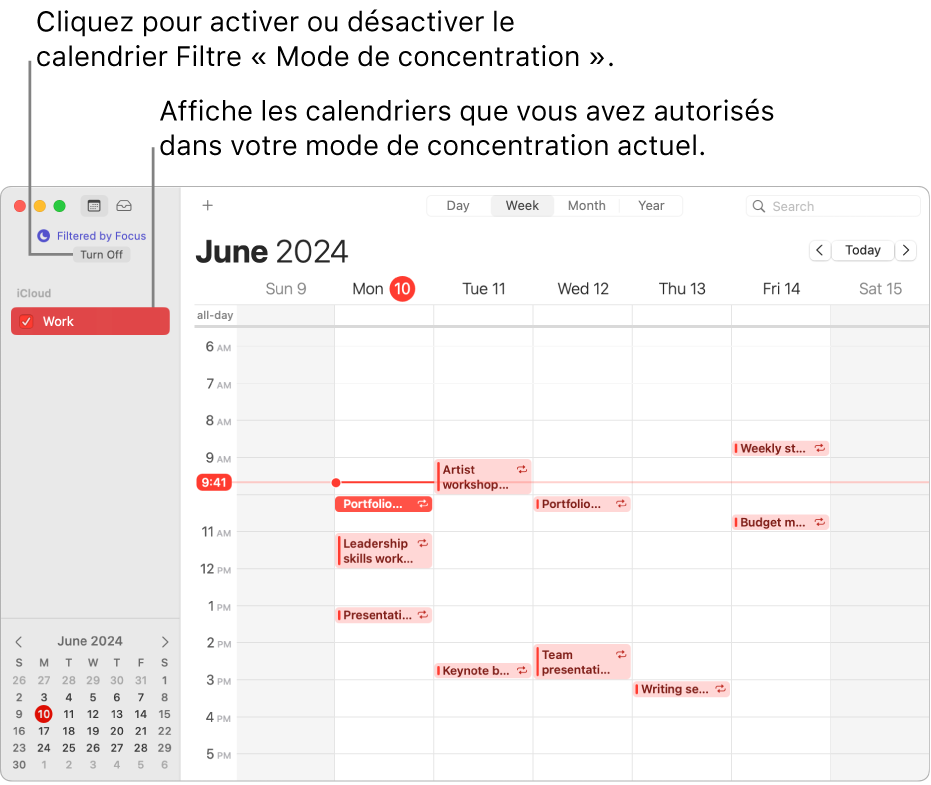 Une fenêtre Calendrier en présentation Semaine affichant uniquement le calendrier professionnel dans la barre latérale après que le mode de concentration Travail a été activé.