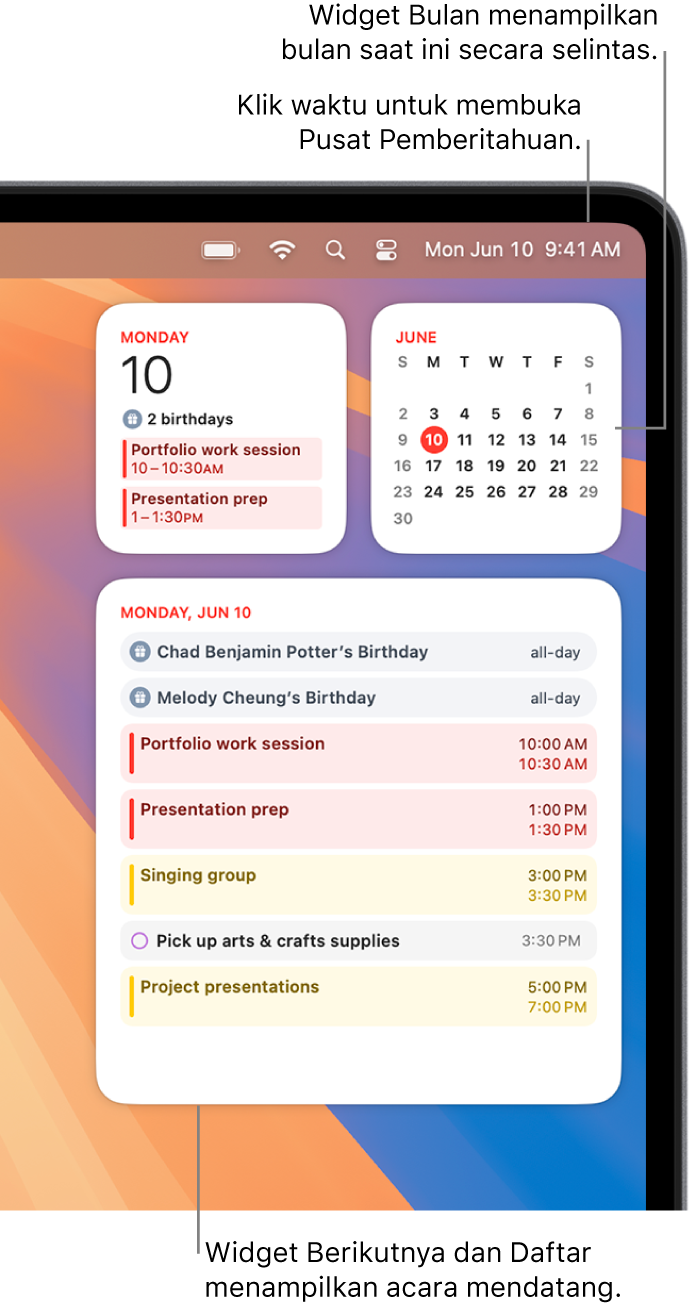 Tiga widget Kalender—widget Berikutnya dan widget Daftar menampilkan acara mendatang untuk hari ini, dan widget Bulan menampilkan bulan ini. Klik tanggal dan waktu di bar menu untuk membuka Pusat Pemberitahuan dan menyesuaikan widget.